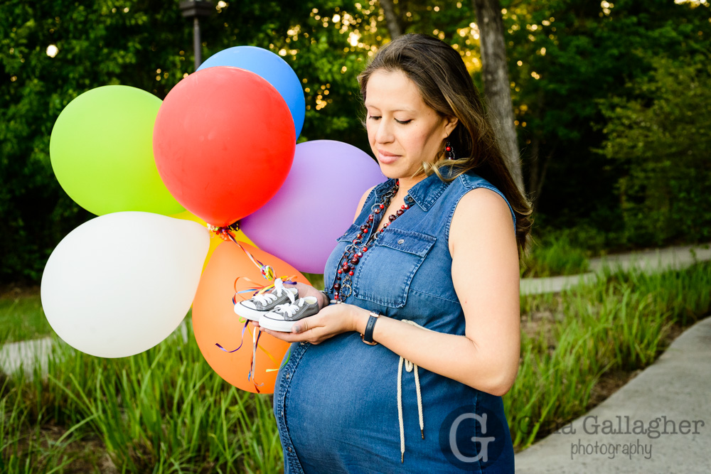 Rainbow baby, balloons, tennis shoes, maternity, Gina Gallagher Photography, The Woodlands Family Photographer